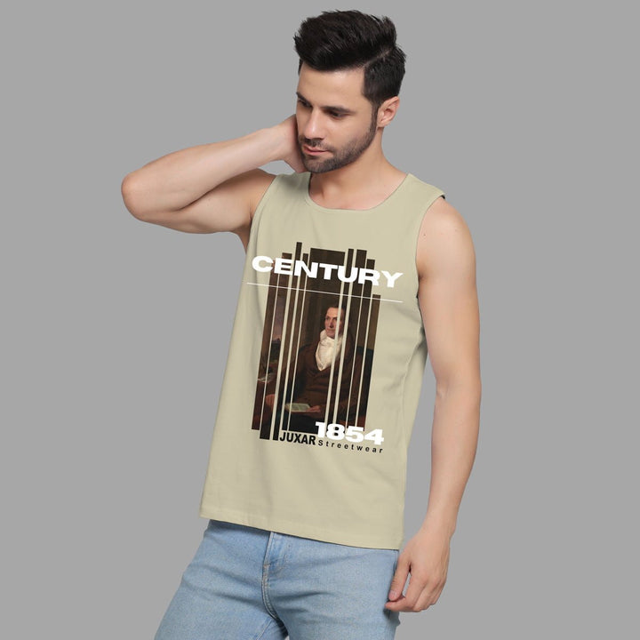 Juxar men wearing beige motivation sando with Century 1854 graphic design and blue jeans
