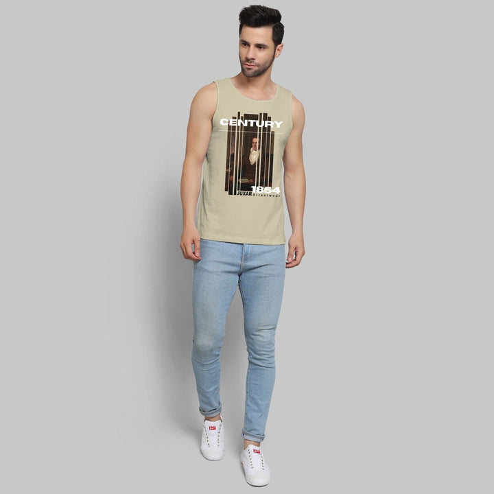 Juxar men's beige motivation sando with graphic print paired with light blue jeans and white sneakers