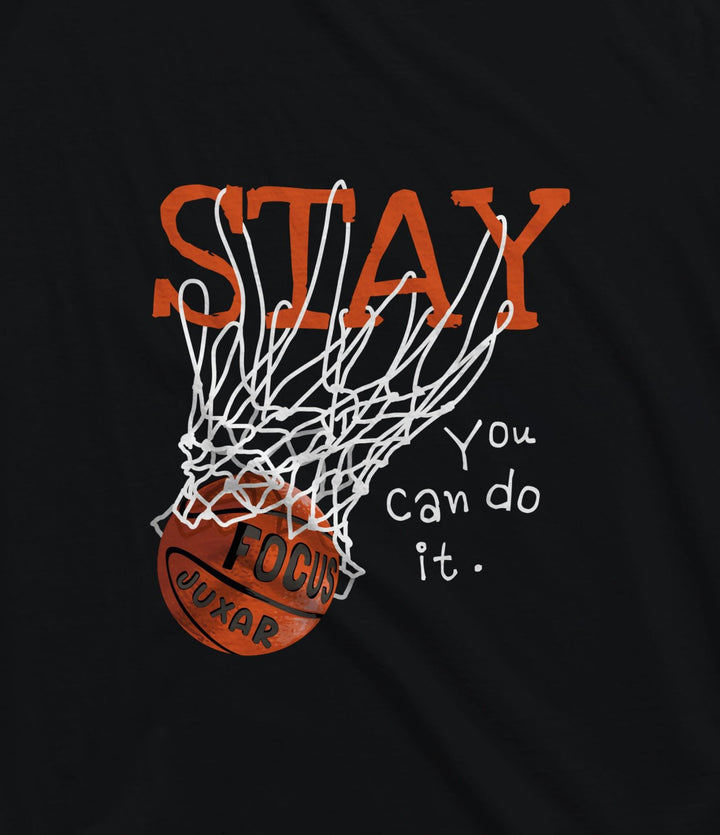 Juxar men's black shirt with motivational basketball net design and text Stay You can do it