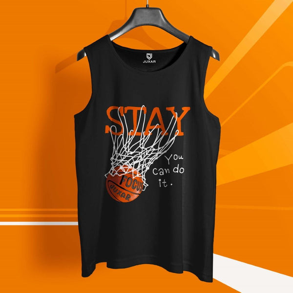 Juxar men's motivational black sleeveless basketball tank top with Stay Focus print