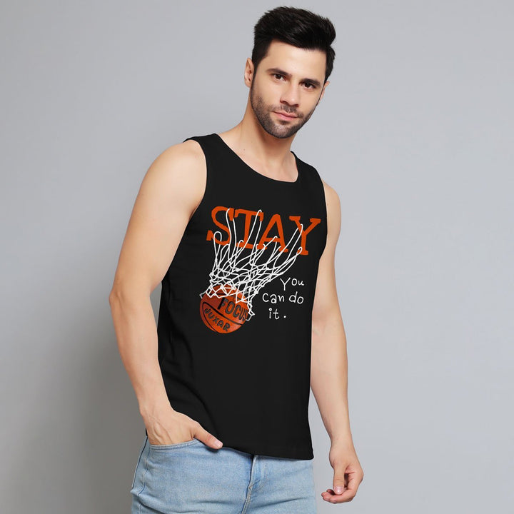 Juxar mens black sleeveless tank top with motivational basketball net design and stay you can do it text