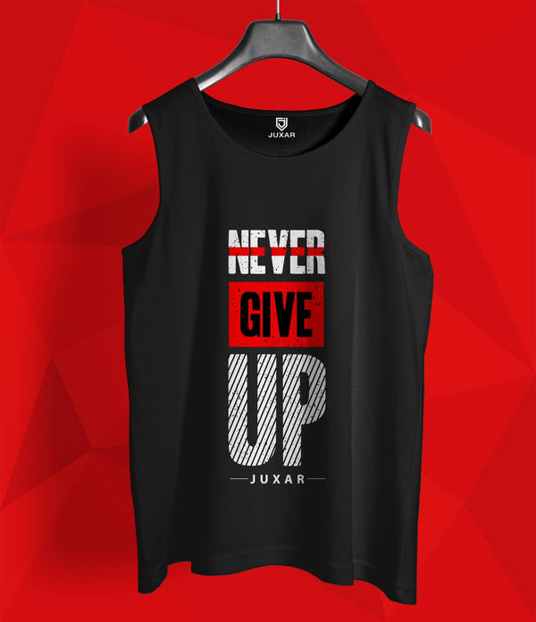 Juxar men's motivational black tank top with Never Give Up graphic design