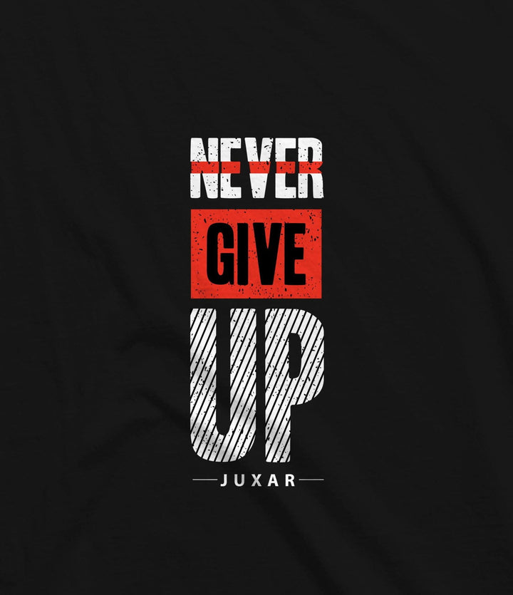 Juxar motivational black tank top with never give up printed design in white and red