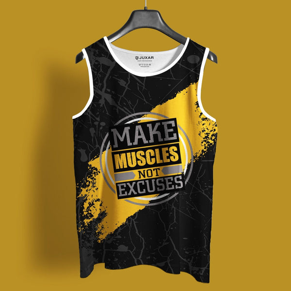 Juxar mens motivational gym wear tank top with Make Muscles Not Excuses design in black and yellow