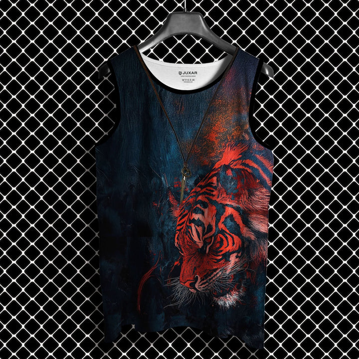 Juxar men's muscle fit sando with bold red and black tiger graphic design on dark background