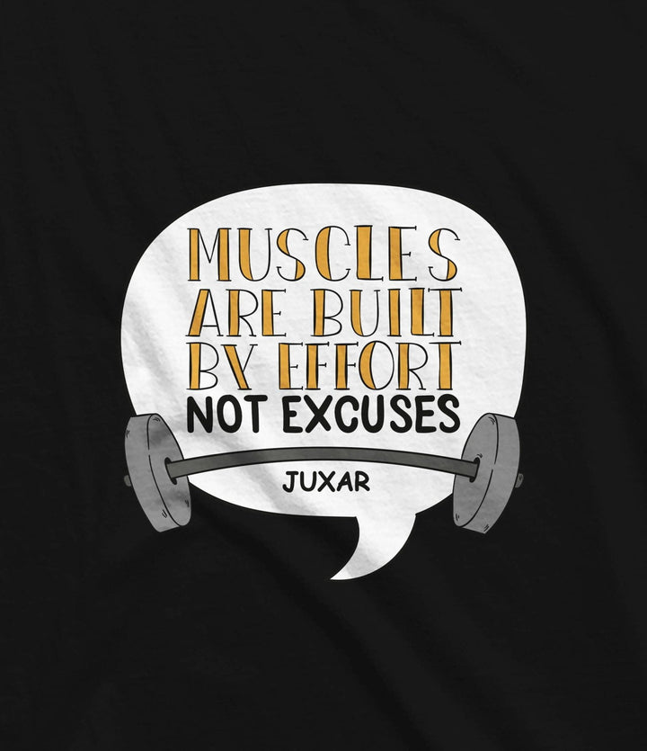 Juxar men’s muscles are built by effort tank with motivational barbell graphic on black fabric