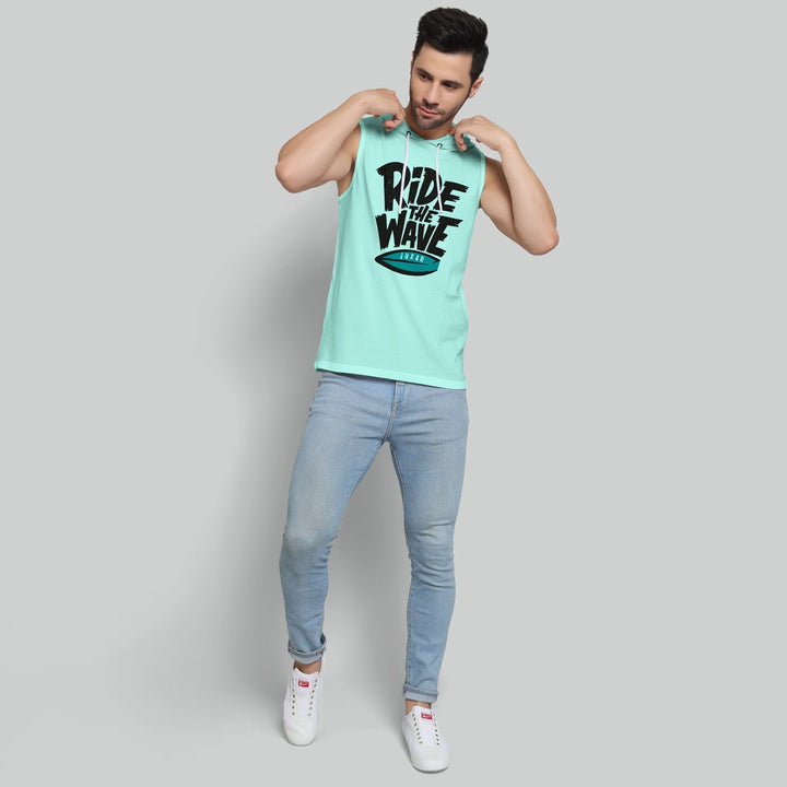 Juxar men's muscles fil hoodie sleeveless mint green with Ride the Wave graphic