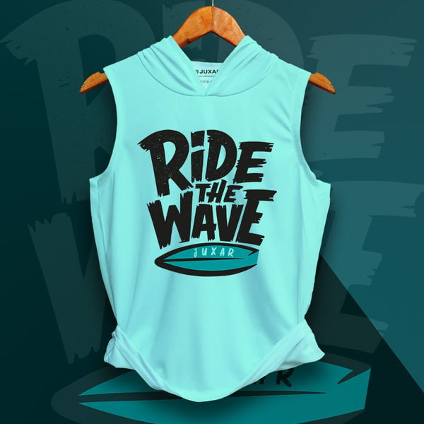 Juxar men's muscles fil hoodie sleeveless light blue with Ride The Wave graphic print