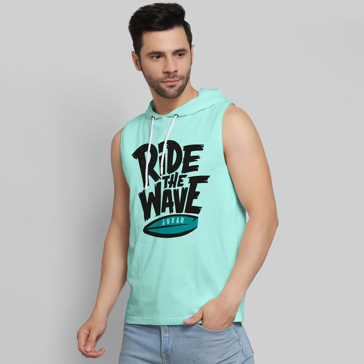 Juxar mens muscles fil hoodie sleeveless light blue with ride the wave graphic print