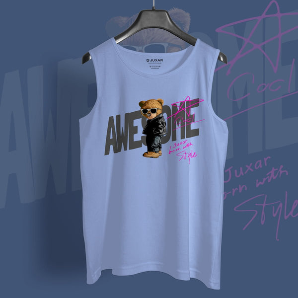 Juxar men's mute color sando light blue tank top with awesome bear graphic print