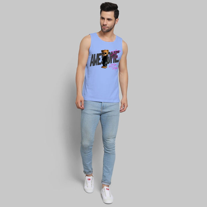 Juxar men's mute color sando sleeveless tank top with graphic design worn with light blue jeans