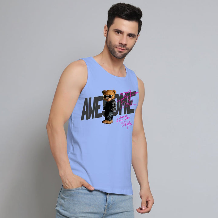 Juxar mens blue mute color sando with awesome graphic and bear print sleeveless shirt