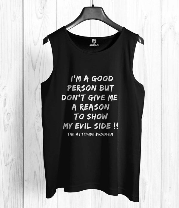Juxar men's my evil side muscle tee black sleeveless shirt with white text graphic