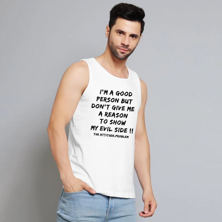 Juxar Mens white sleeveless my evil side muscle tee with bold text design