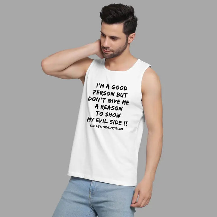 Juxar men's white sleeveless muscle tee with black text graphic my evil side muscle tee