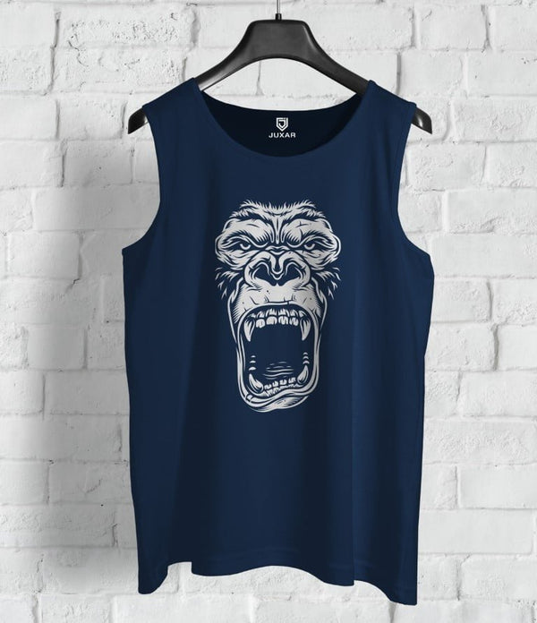 Juxar navy blue muscle tank for men featuring a graphic roaring gorilla face design
