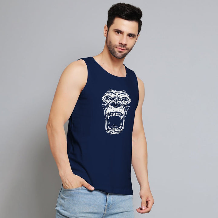 Juxar navy blue muscle tank for men featuring a graphic of a roaring gorilla face