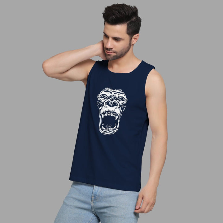 Juxar navy blue muscle tank for men with white roaring gorilla graphic sleeveless casual wear