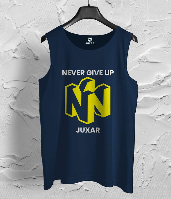 Juxar navy blue men's never give up sando with yellow NN logo and white text on front