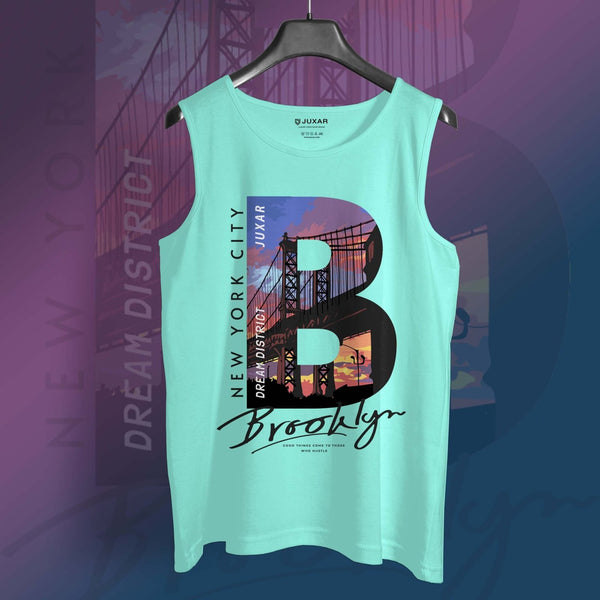 Juxar men's New York City summer sando in light blue with Brooklyn bridge graphic design
