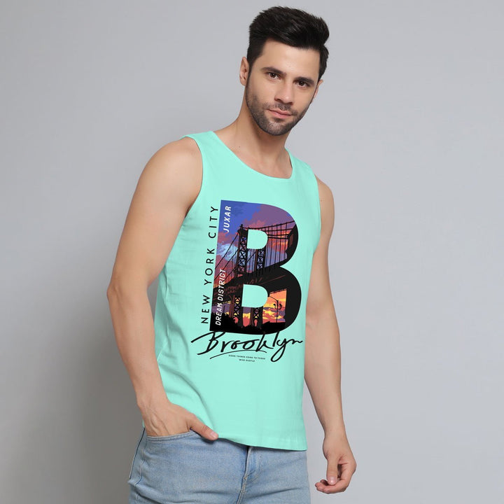 Juxar men's New York City summer sando in mint green with Brooklyn bridge graphic