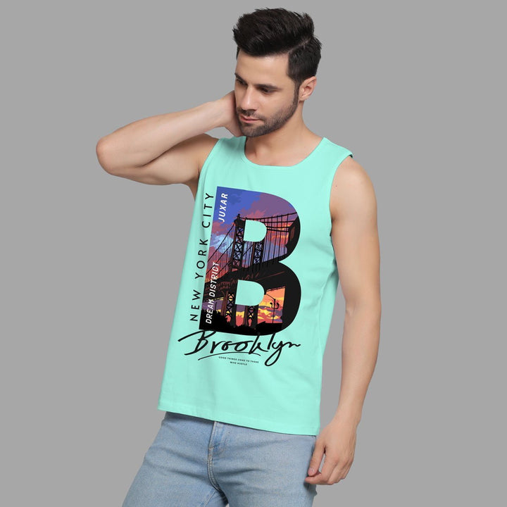 Juxar men's New York City summer sando in light blue with Brooklyn graphic print