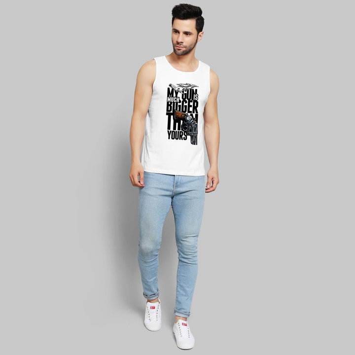 Juxar men's white tank top with novelty gun lover apparel graphic and light blue jeans