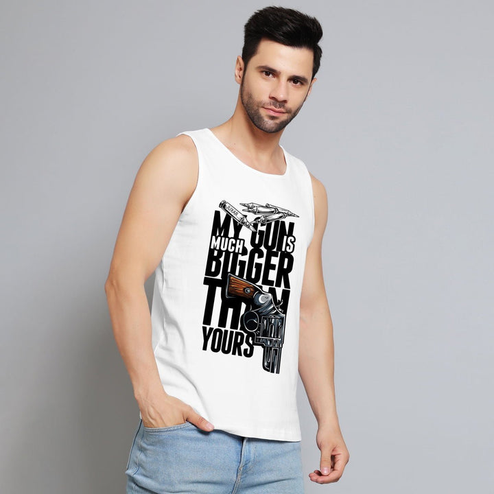 Juxar mens white tank top with novelty gun lover apparel graphic and text design