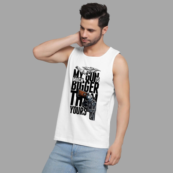 Juxar mens white tank top with novelty gun lover apparel design and graphic text