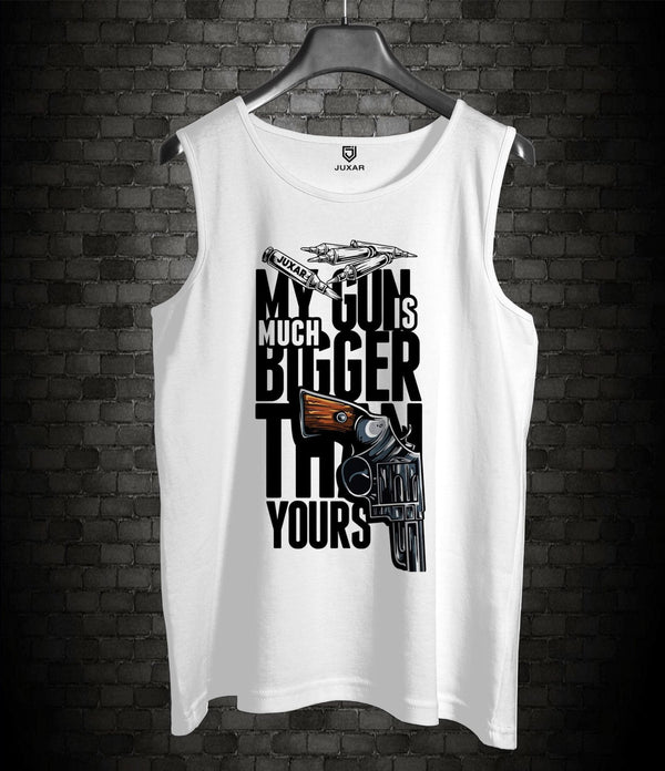Juxar men's white sleeveless shirt with novelty gun lover apparel design featuring a revolver and bold text