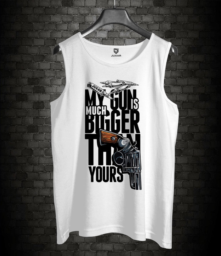 Juxar men's white sleeveless shirt with novelty gun lover apparel design featuring a revolver and bold text