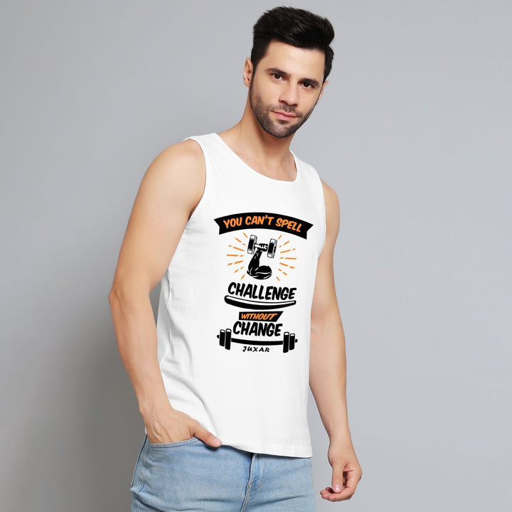 Mens Juxar white organic cotton sando with motivational gym graphic and sleeveless design