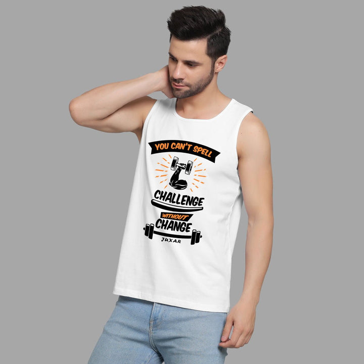 Mens organic cotton sando by Juxar in white with motivational fitness graphic and sleeveless design