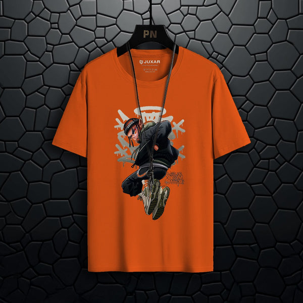 Juxar orange organic cotton t shirt featuring a dynamic graphic of a person in streetwear style