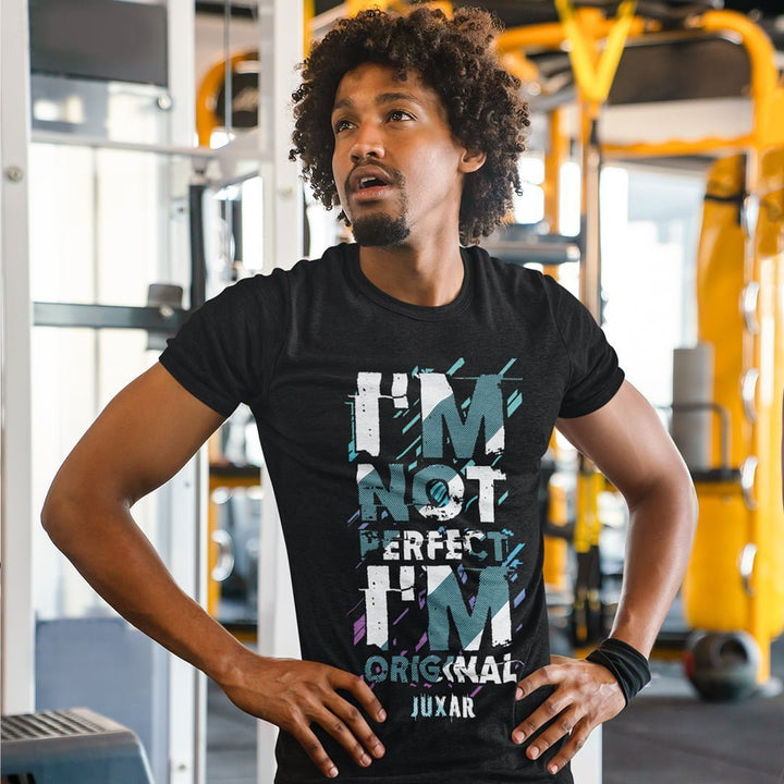 Juxar original statement t-shirt for men in black with bold graphic text design worn at gym