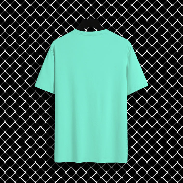 Juxar plain turquoise outdoor adventure t-shirt displayed from the back on black grid background