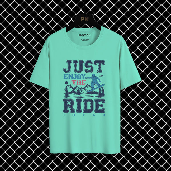 Juxar turquoise outdoor adventure t-shirt with Just Enjoy The Ride graphic and mountain design