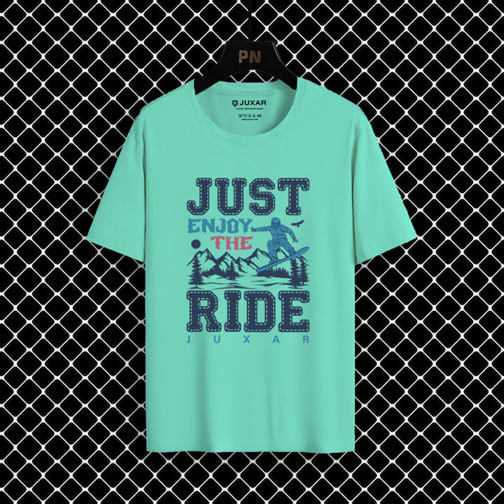 Juxar turquoise outdoor adventure t-shirt with Just Enjoy The Ride graphic and mountain design