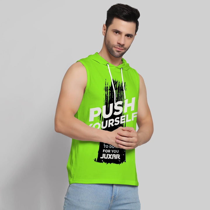 Juxar men's sleeveless bright green outdoor gym hoodie with push yourself print