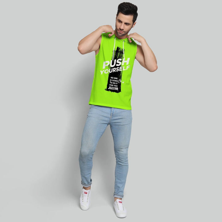 Juxar men's bright green sleeveless outdoor gym hoodie with push yourself print