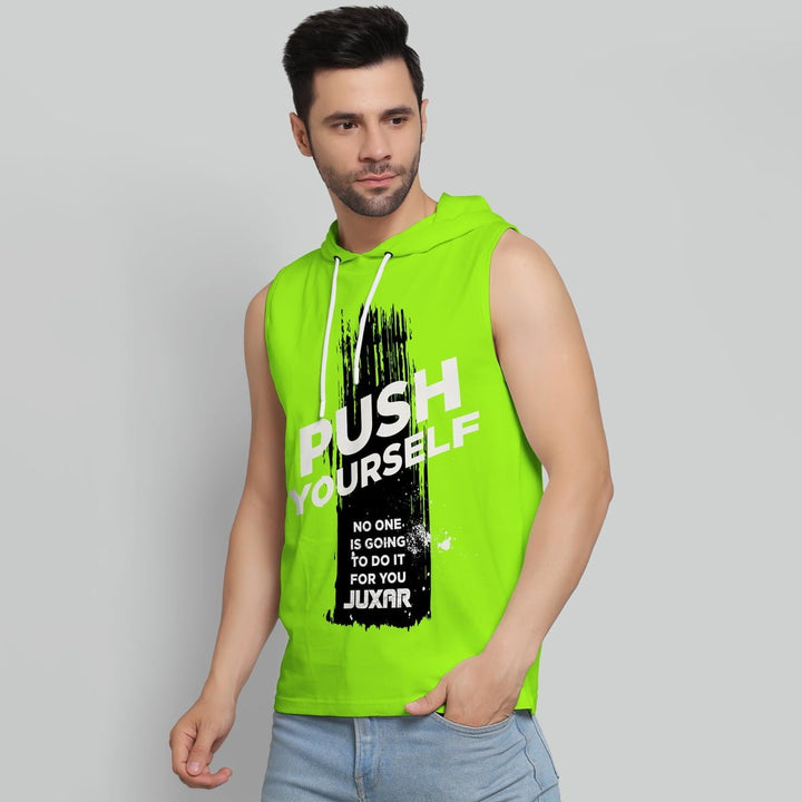 Juxar men's sleeveless bright green outdoor gym hoodie with motivational print and hood