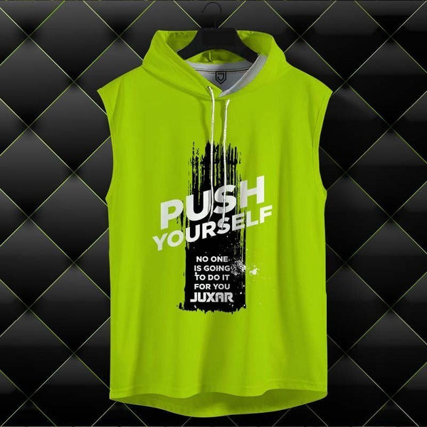 Juxar men's sleeveless bright green outdoor gym hoodie with Push Yourself graphic