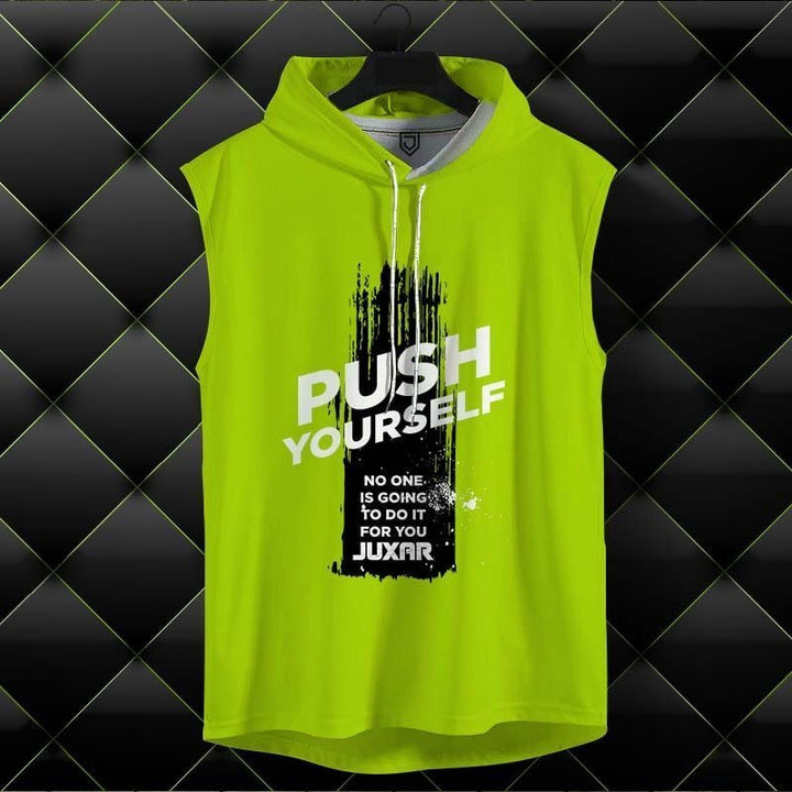 Juxar men's sleeveless bright green outdoor gym hoodie with Push Yourself graphic