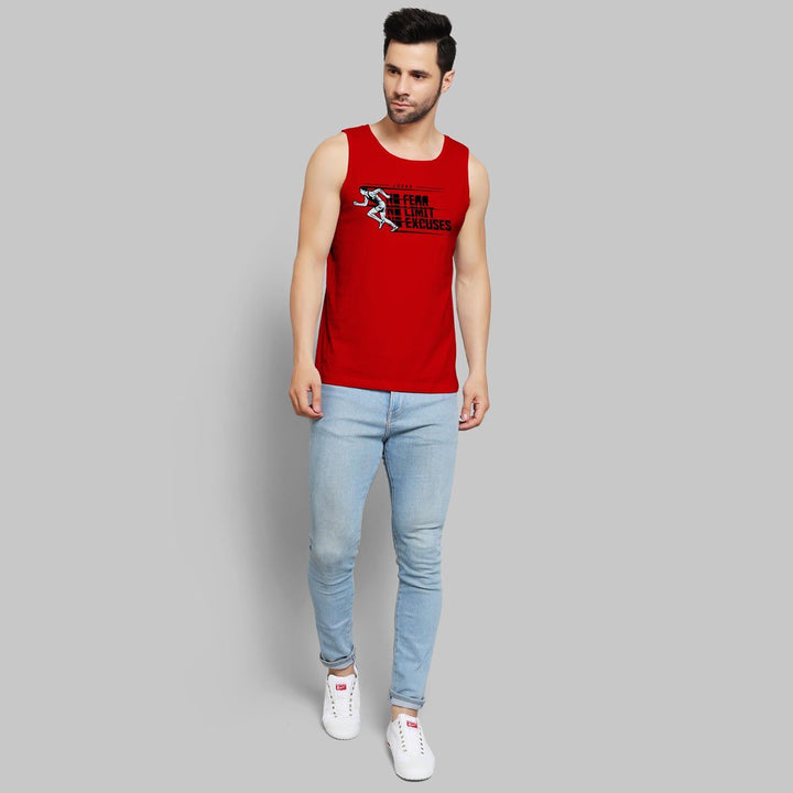 Juxar red men's outdoor sando with graphic print paired with light blue jeans and white sneakers