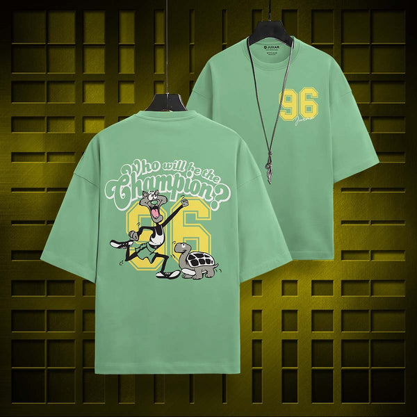 Juxar oversized cotton t-shirt with print in green featuring cartoon design and number 96