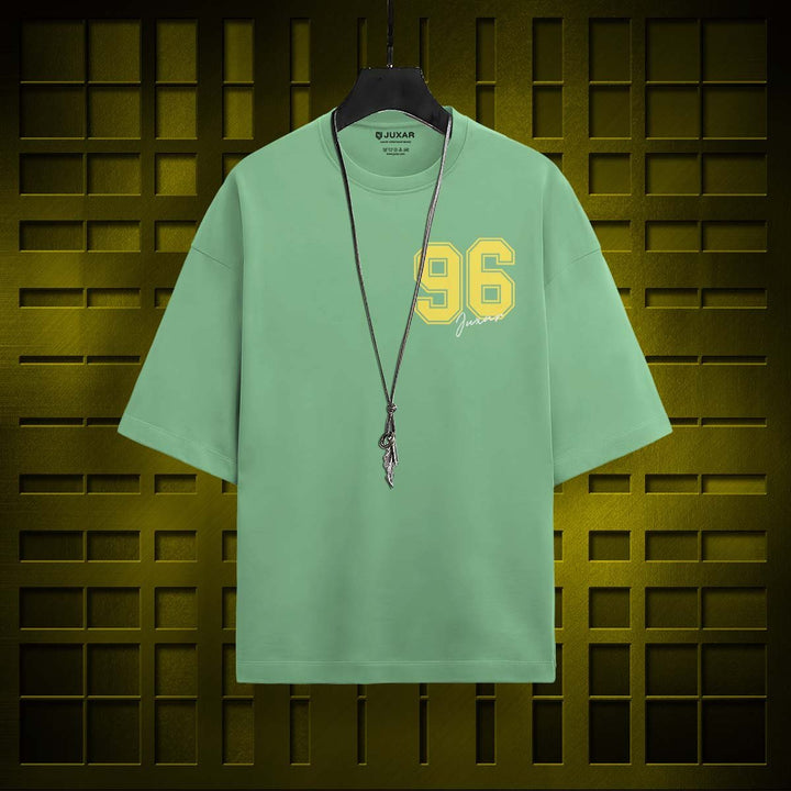 Juxar oversized cotton t-shirt with print featuring number 96 in yellow on green fabric