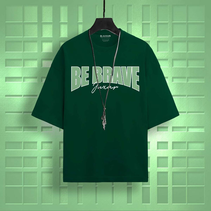 Juxar oversized graphic cotton t-shirt in dark green with Be Brave print and necklace accessory