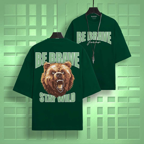 Juxar oversized graphic cotton t-shirt in dark green with BE BRAVE bear design and STAY WILD text