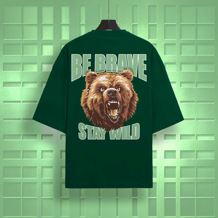 Juxar oversized graphic cotton t-shirt in dark green with roaring bear and be brave stay wild print