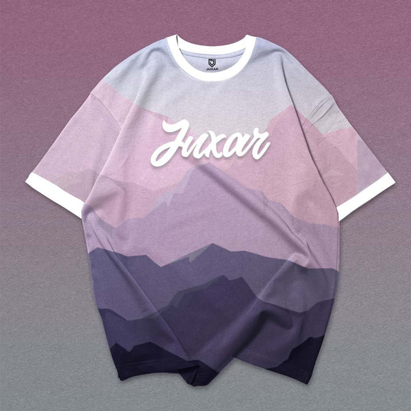 Mens oversized graphic t shirt with pastel mountain gradient and white collar and cuffs casual streetwear